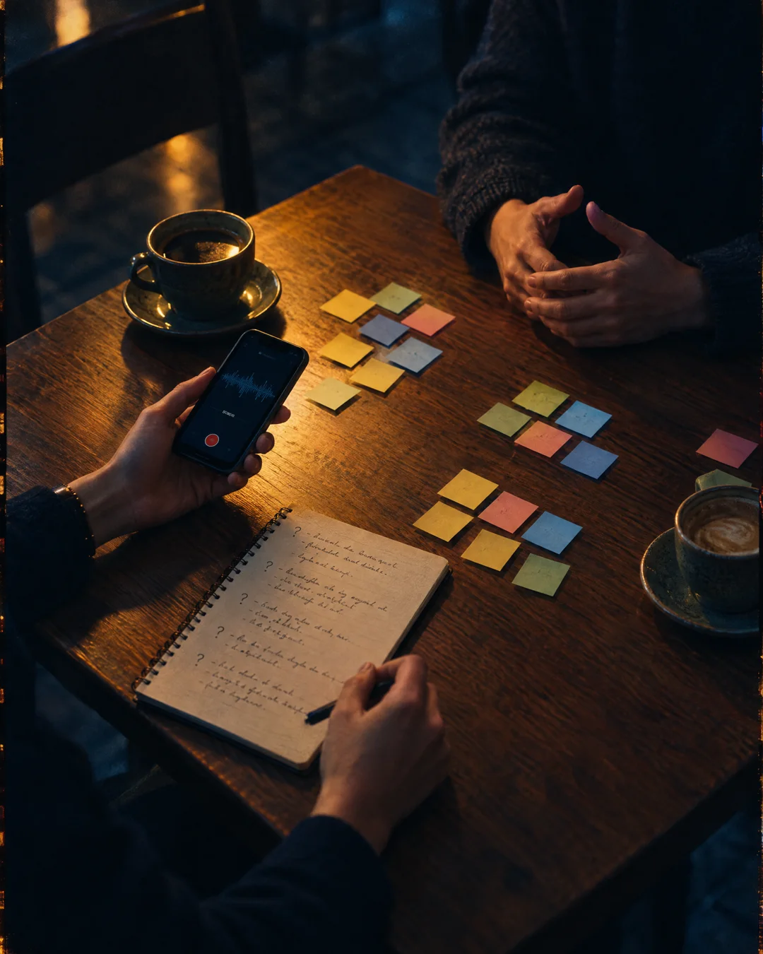 Two people at a cafe table covered in sticky notes, one recording the conversation on a phone