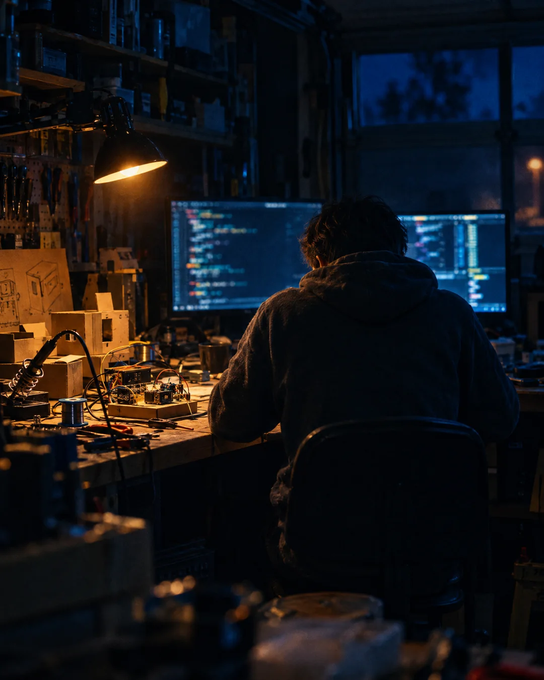 A founder seen from behind in a garage workshop at night, building a prototype