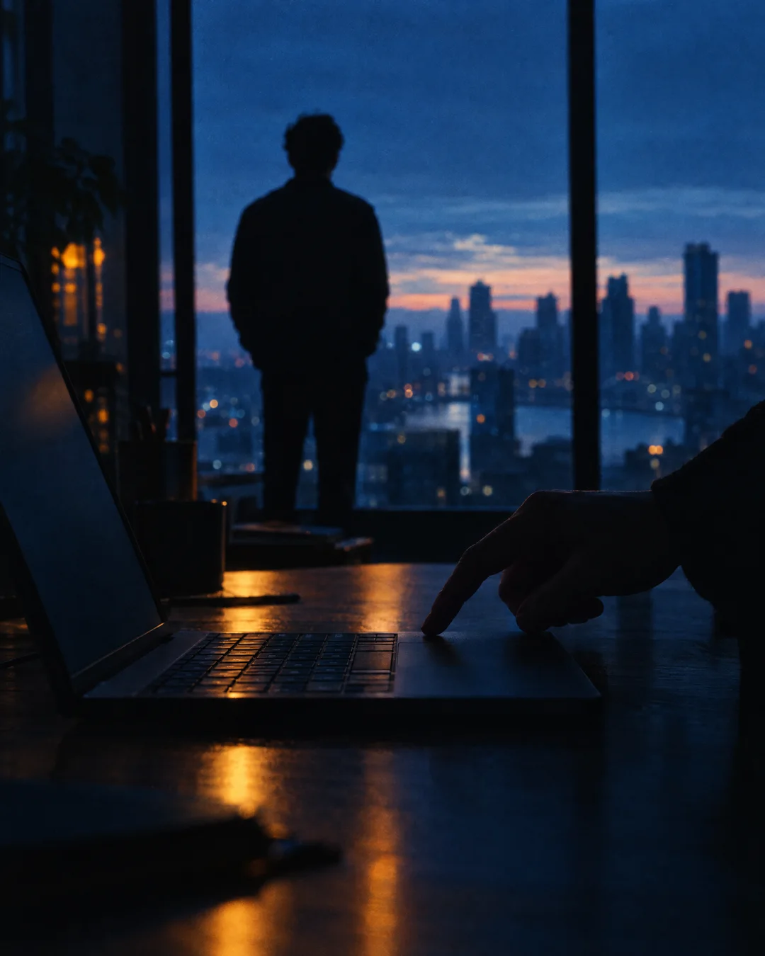 A silhouette facing a city at dawn while a finger hovers over a laptop key