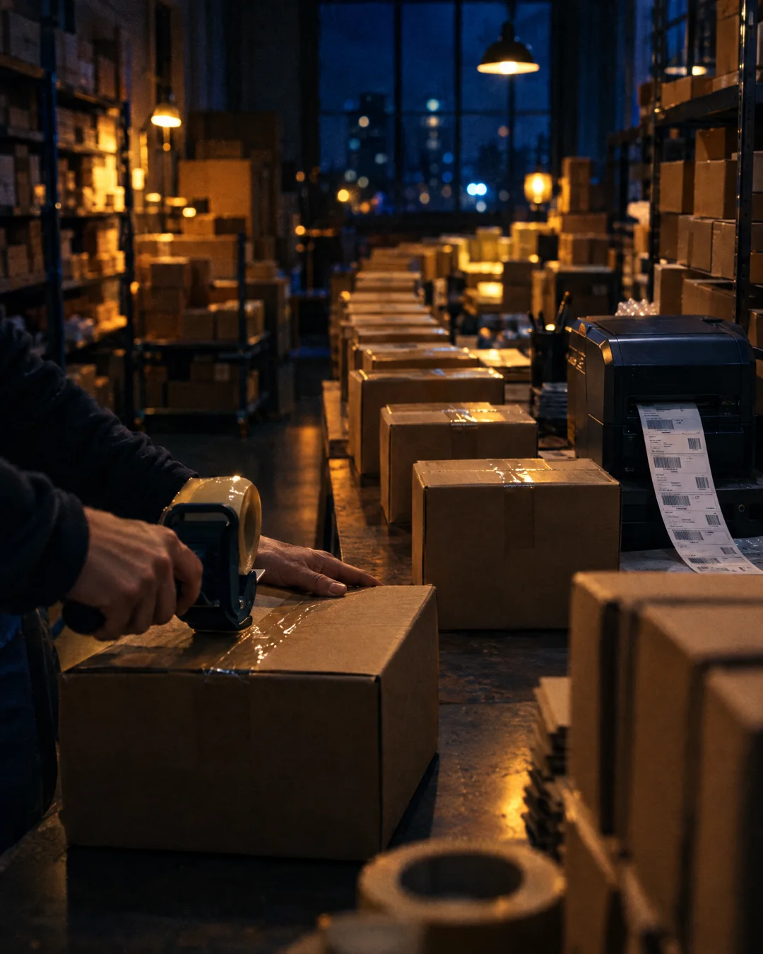 Hands taping a parcel shut in a packing room stacked with orders