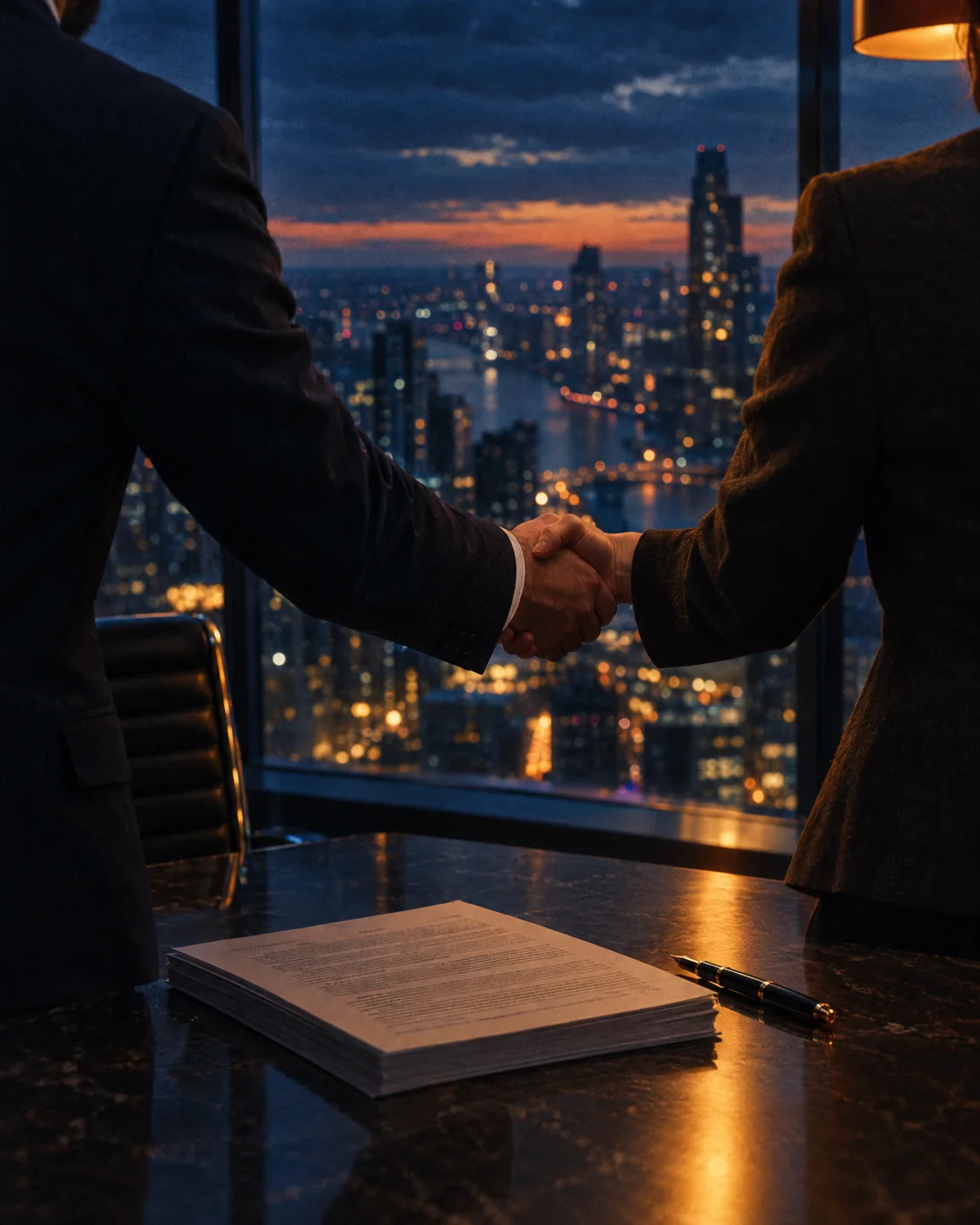 A handshake over a term sheet in a glass meeting room above a city at dusk