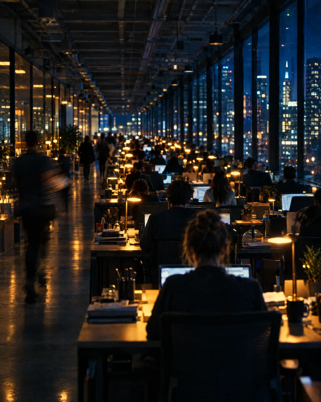 A long open-plan office at night with rows of desks receding into the distance